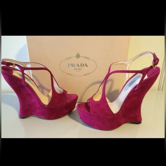 NWB PRADA Magenta, Suede, Open-Toe, Platform, Wedge Sandals - Picture 4 of 10